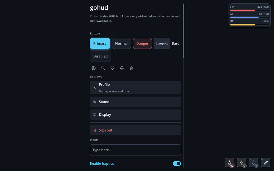 default_dark at 1280x800 — content centred, HUD in the corners