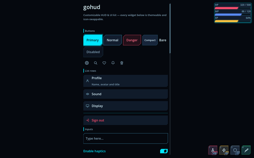 scifi_dark at 1280x800 — same layout with chamfered panels and neon