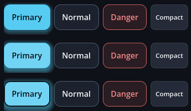 The same button row in three states — normal, mouse hover, keyboard focus
