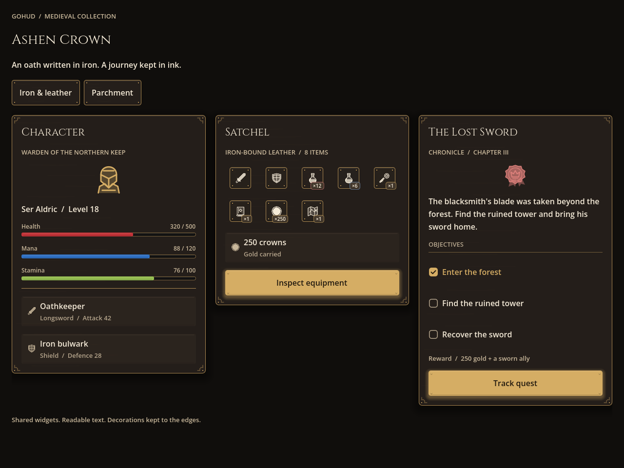 medieval_dark — character sheet, satchel of quick slots and quest journal