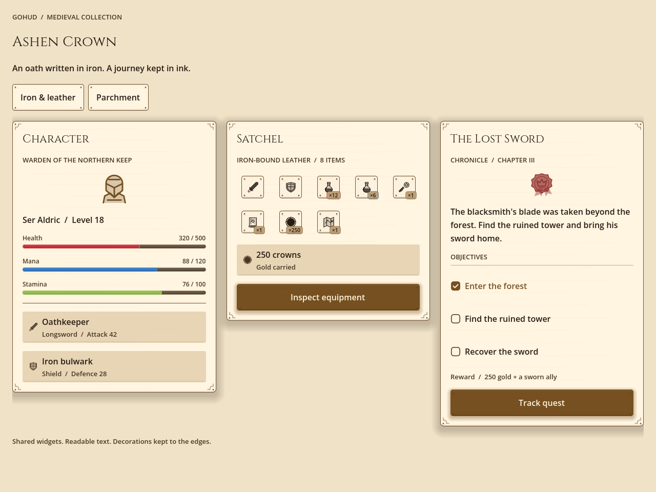 medieval_light — the same character, satchel and quest screens on parchment