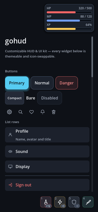The gohud gallery with the default_dark preset — rounded corners, blue accent