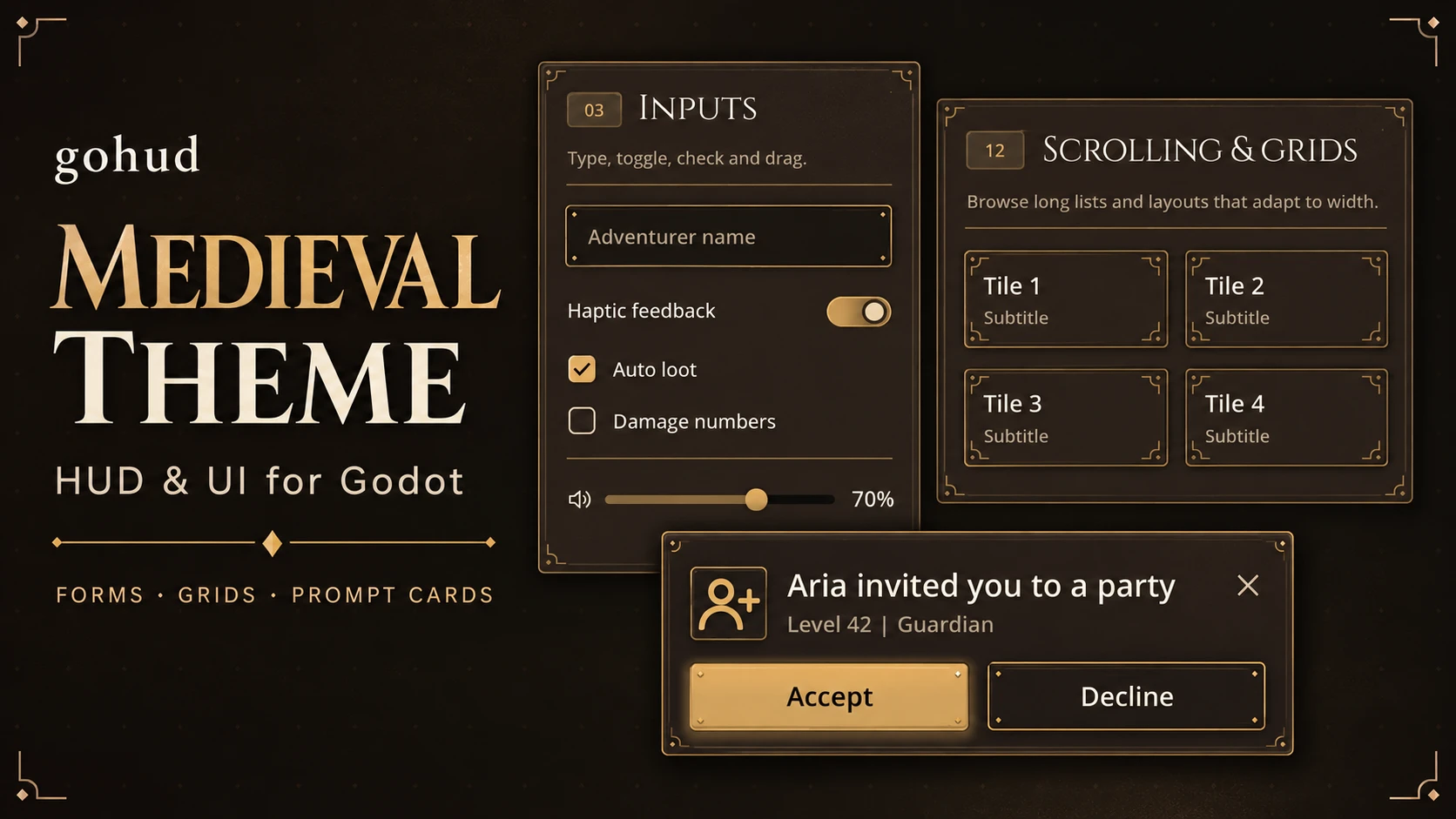 gohud medieval theme — an input panel with a name field, toggle, checkboxes and volume slider, a grid of tiles, and a party-invite prompt card with Accept and Decline