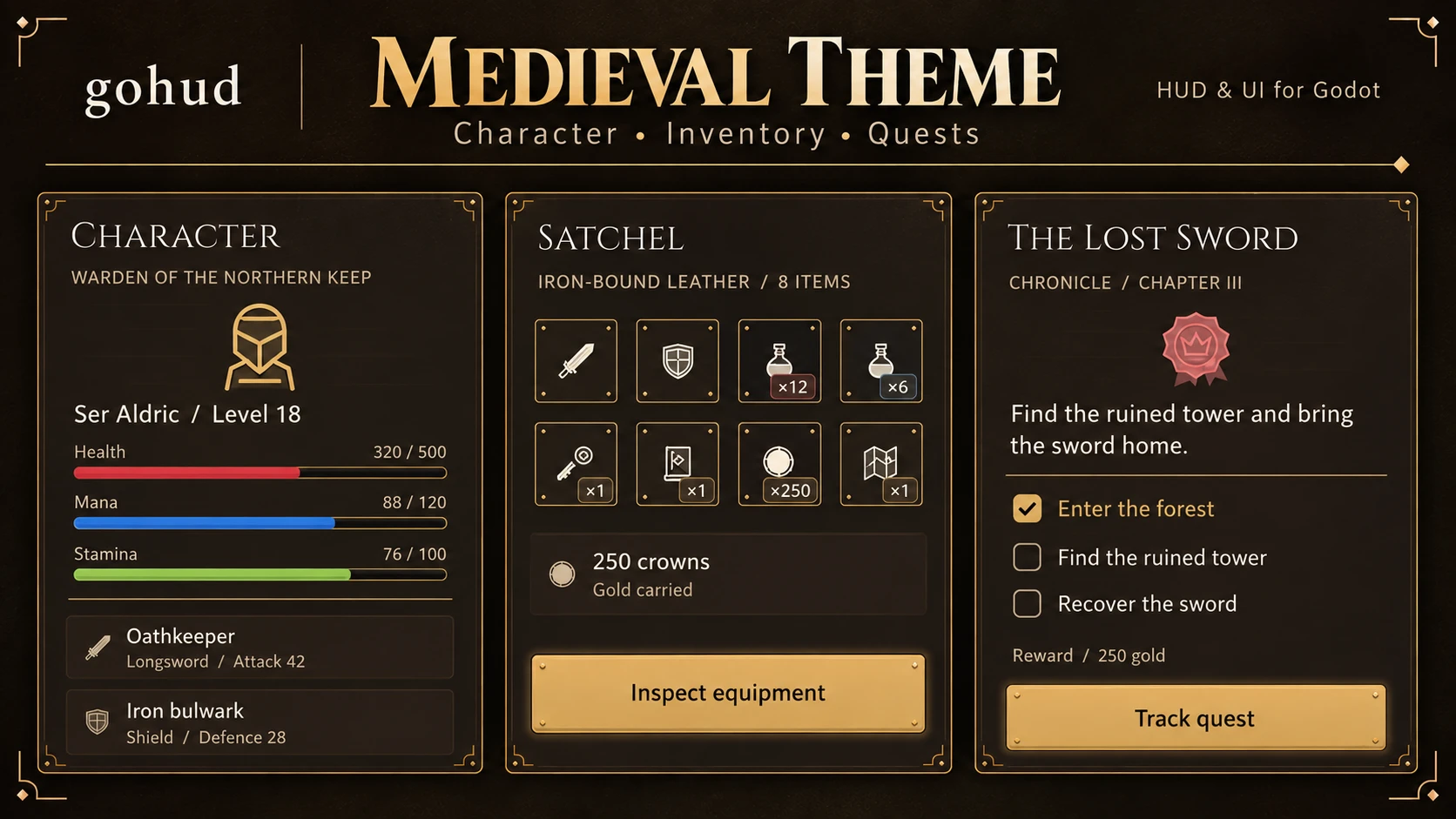 gohud medieval theme — a character sheet with health, mana and stamina bars, a satchel of quick slots and a quest journal in forged gold frames