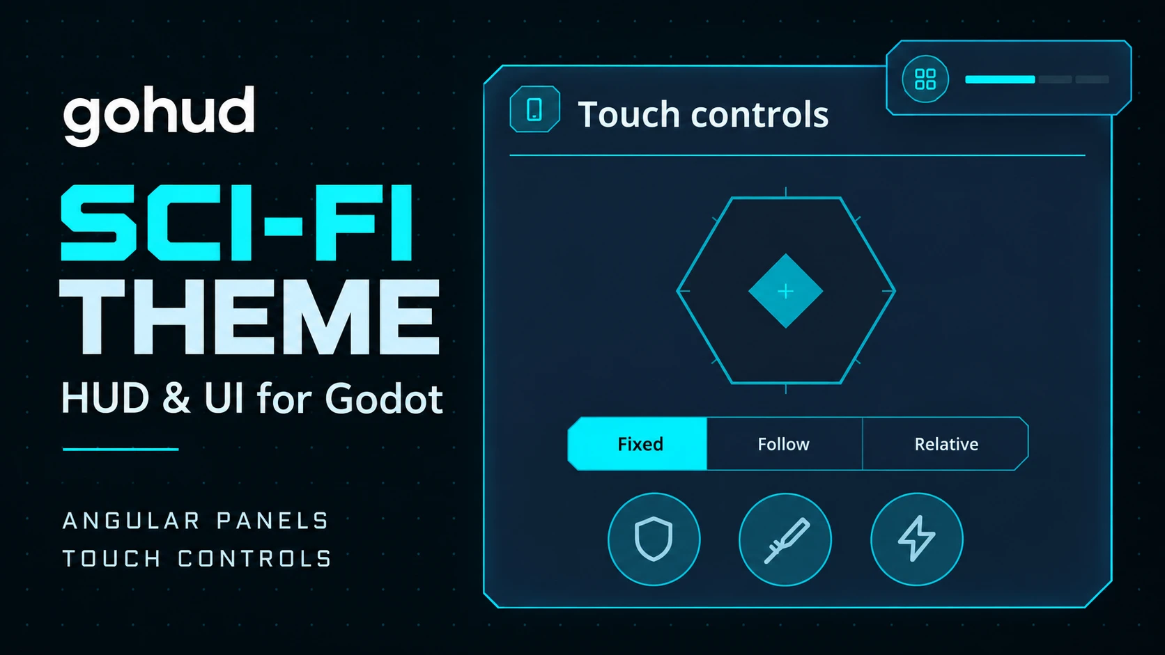 gohud sci-fi theme — a chamfered touch-controls panel with a hexagonal joystick, a Fixed / Follow / Relative switch and round action buttons