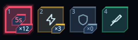 Four quick slots — shortcut top-left, count badge bottom-right, the first with a remaining-time badge